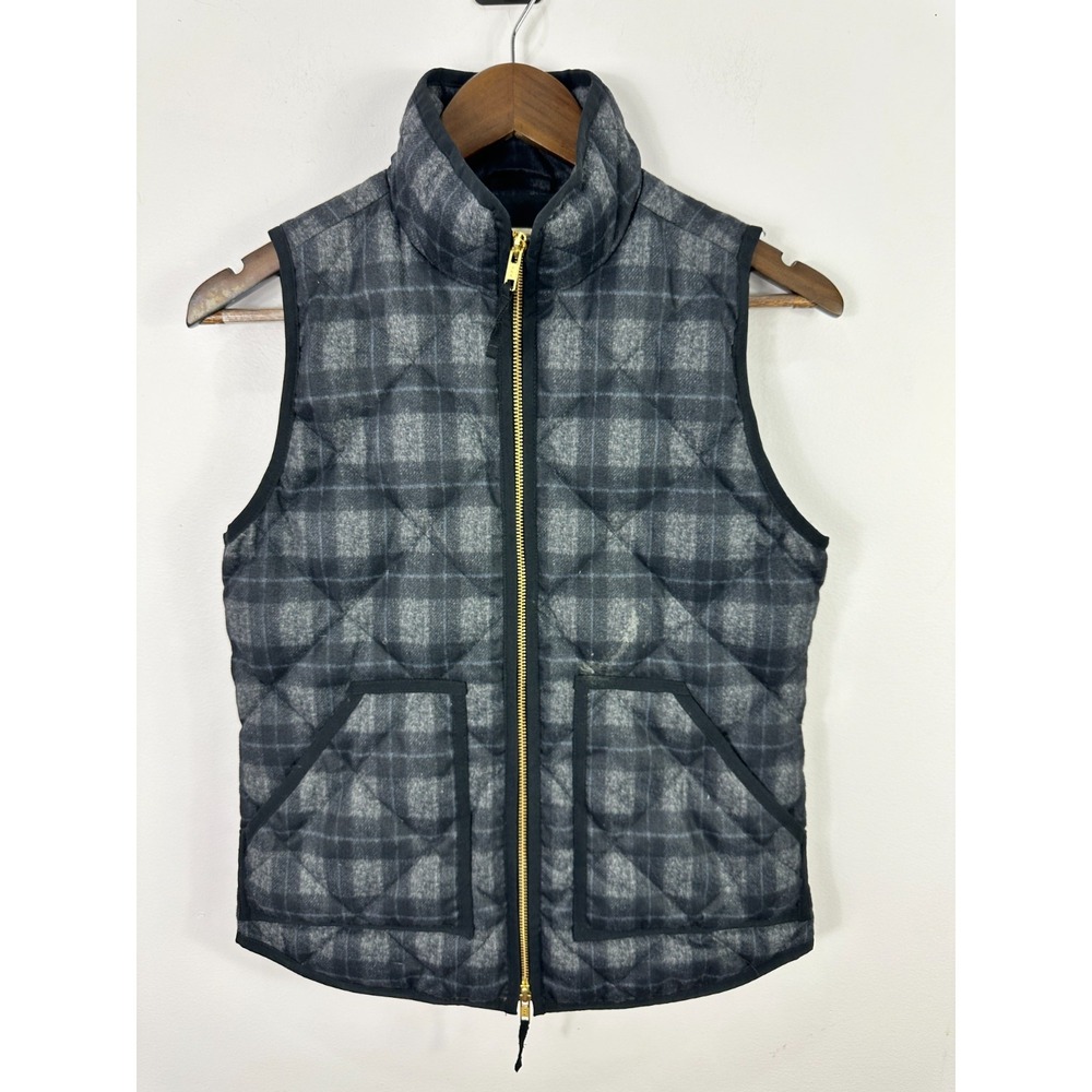 J Crew Quilted Down‎ Vest Womens XXS Gray Plaid Equestrian Preppy Quiet Luxury